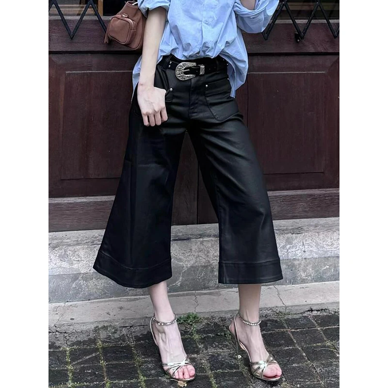 

PBAP джинсовые шорты с заклепками и карманами, женские джинсовые шорты Cleanfit, однотонные джинсы с низкой талией и широкими штанинами, джинсы с ручным воском, корейская повседневная одежда