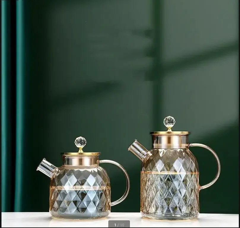 

Прозрачный стеклянный чайник цвета шампанского, ромбовидный чайник, устойчивый к высоким температурам, скандинавский креативный бытовой чайник, чайный сервиз