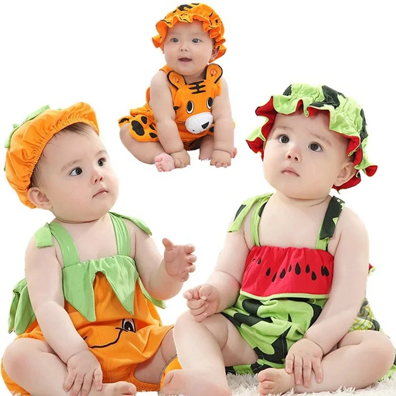 Summer Infant Jumpsuit Newborn Baby Boys Girls Clothes Animal Molding Tiger Watermelon Rompers+Hat Costumes 2Pcs Outfits Sets