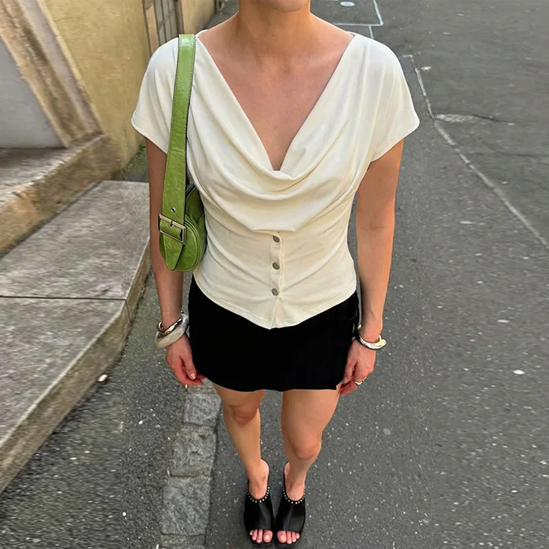 GG  Women Summer Top Fashion Button-Front Patchwork V-Neck Pleated Fitted Top New Casual High-Street Party Female T-Shirts