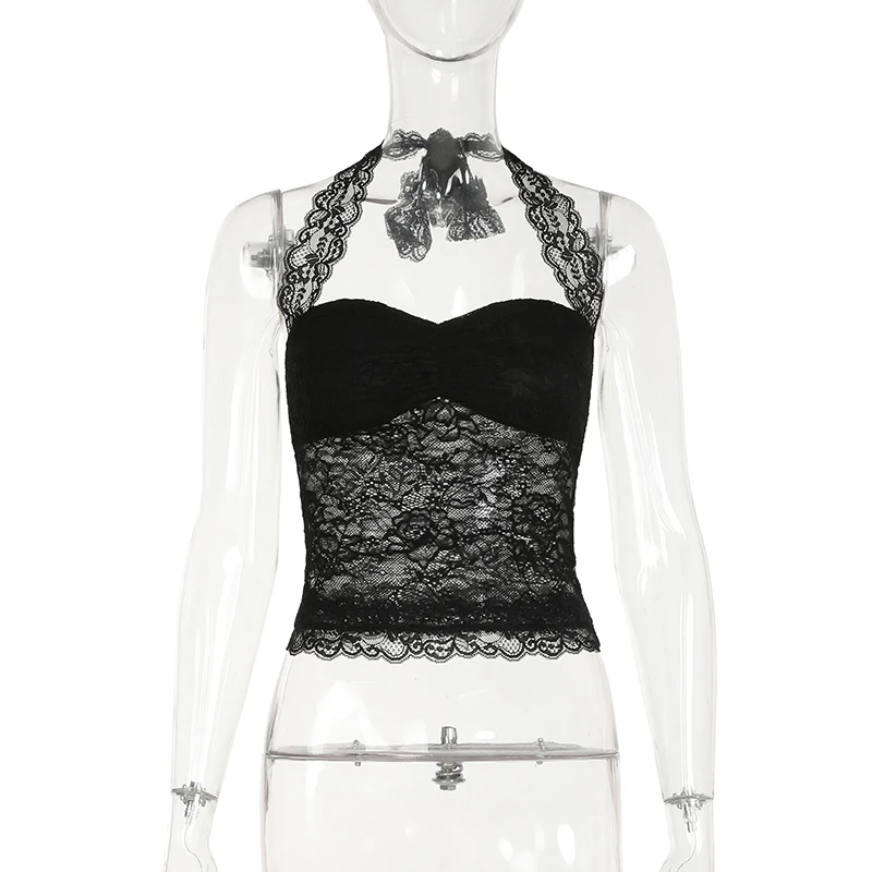 SUCHCUTE Gothic Aesthetic Halter Tank Tops For Women Sexy Lace Drawstring Corset Tops Summer 90s Fashion Casual Camisole 2025 image 4