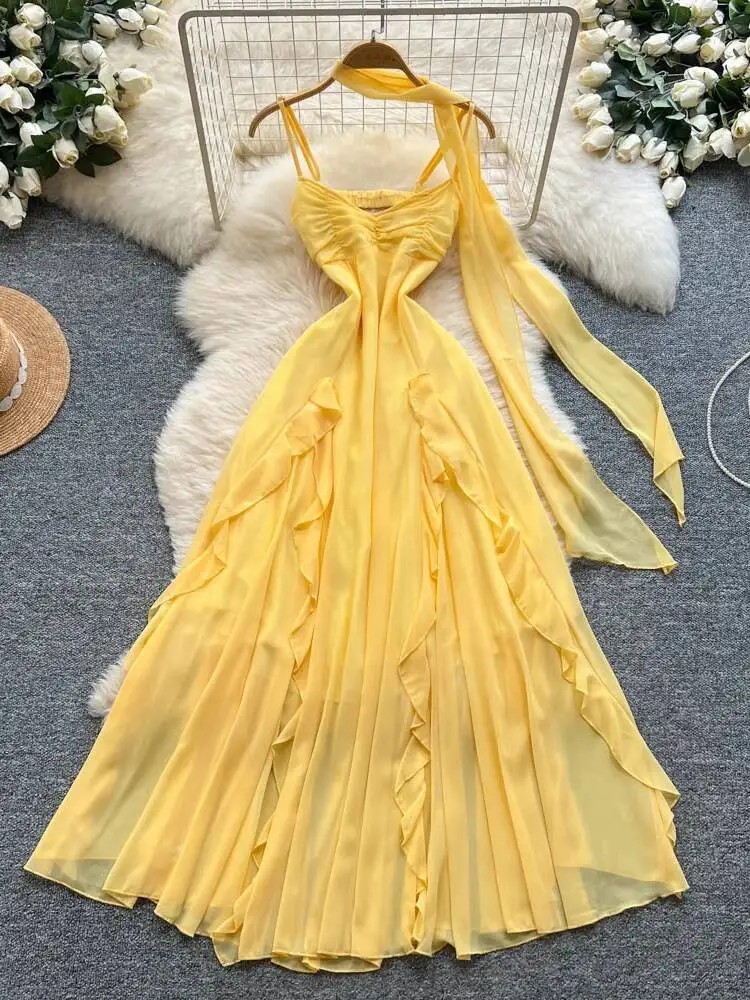 Sommer Sexy Langes Kleid Frauen Vintage Band Taille Unregelmäßigen Chiffon Strand Kleider Damen A-line Schlank Boho Lange Robe Vestidos