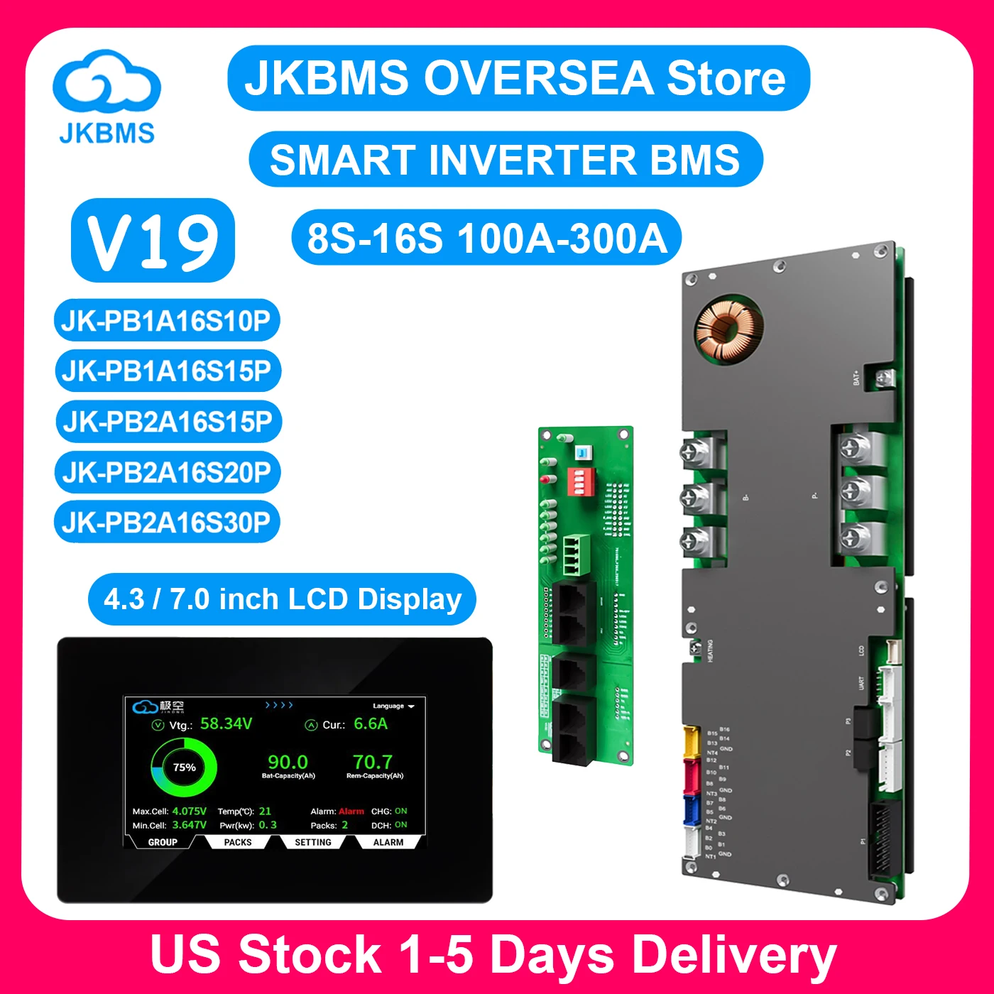 

Инверторная BMS-система JKBMS V19 8S-16S 24В 48В 100А 200А 300А для Li-ion, LiFePO4, LTO аккумуляторов, бытовых систем хранения энергии, с активным балансиром 1А 2А
