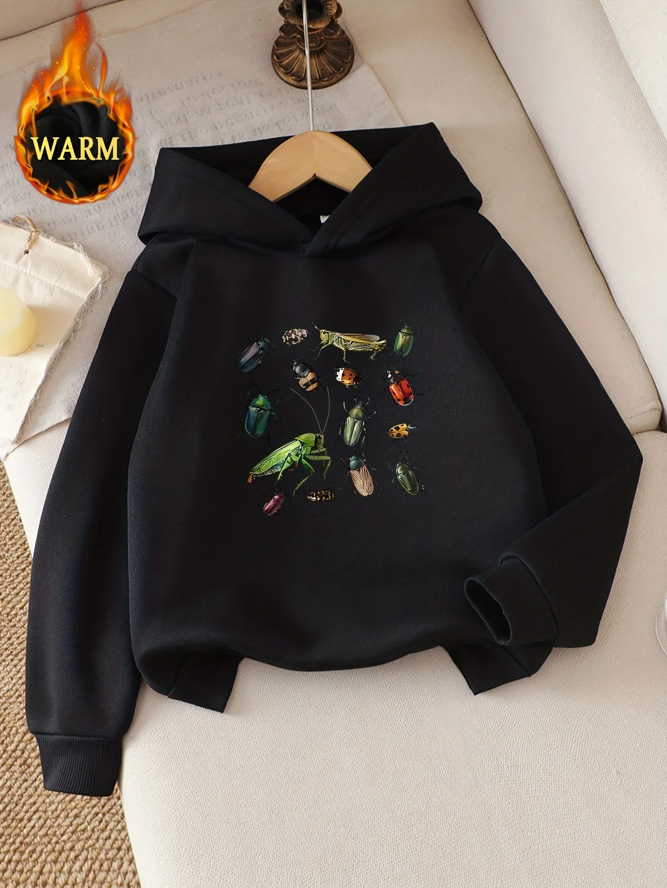 Kids Boys Girls Insects Graphic Hoodie Black Printed Beetle Sweatshirt Warm School Clothes Birthday Present Autumn Tops