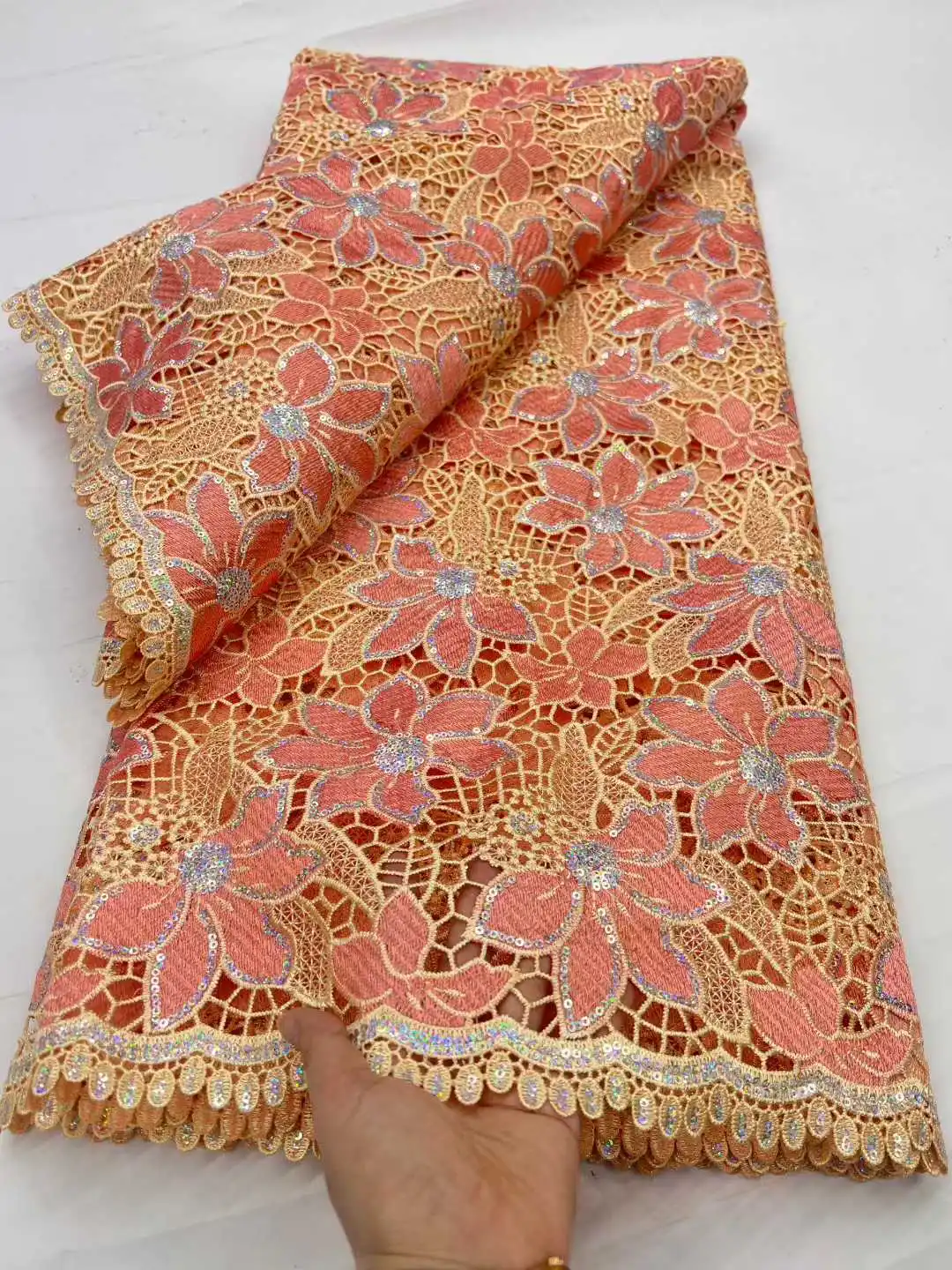 

5 Yards African Gold Sequins Guipure Cord Lace Fabric Latest 2026 Nigerian Water Soluble Lace for Women Party Dresses