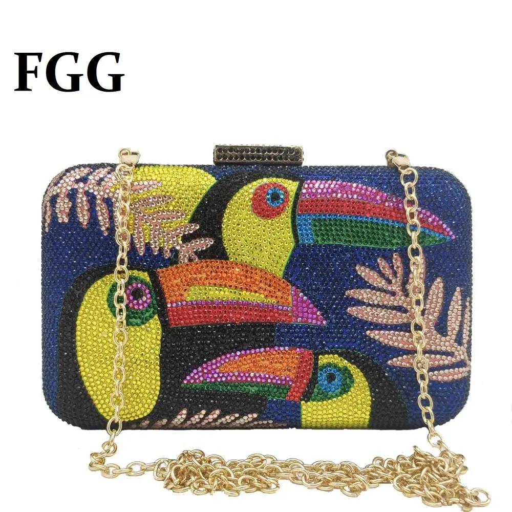 Boutique De FGG Novelty Toucan Bird Women Crystal Evening Bags Rhinestones Box Minaudiere Clutch Party Cocktail Handbag Purse