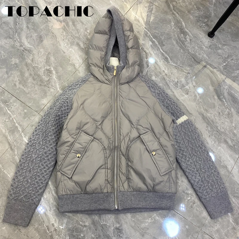 11.21 TOPACHIC Women\'s Comfortable Striped Knitted Twist Long Sleeve Argyle Hooded Zipper Duck Down Jacket