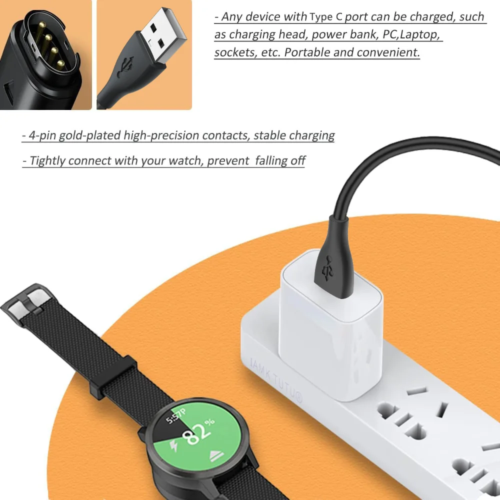USB Replacement Charger For Garmin Vivosmart 5 Garmin Vivomove 3/3S Style Sport USB-C Smartwatch Charger Charging Cable
