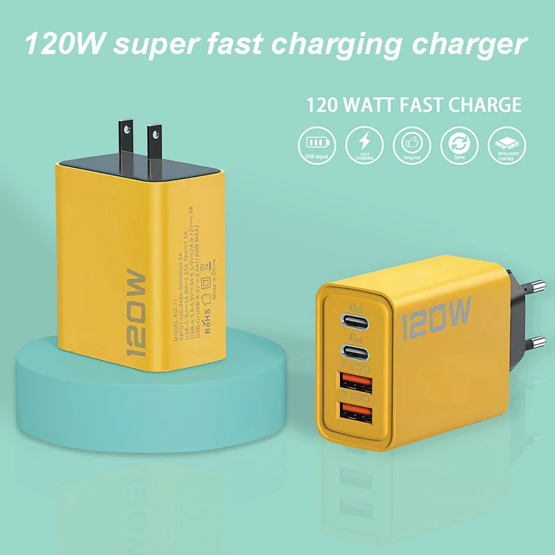 USB Charger Total 120W 4 Port Type C Fast Charging USB Phone Charger Adapter For iPhone Samsung Xiaomi Quick Charge Wall Charger