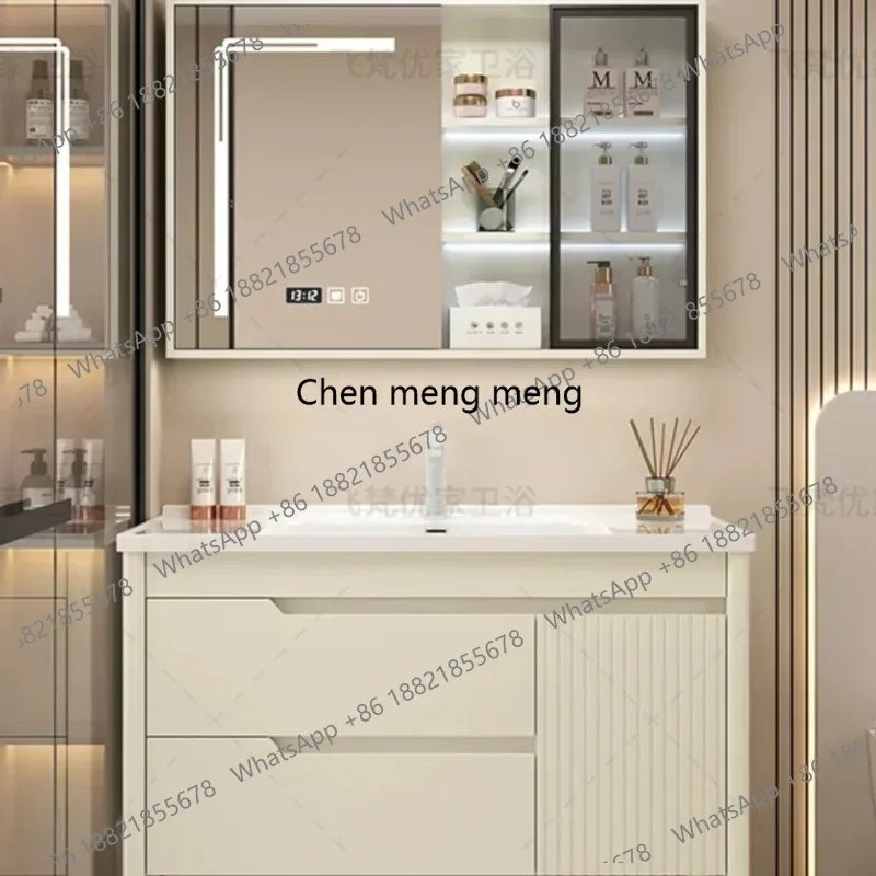 

Oak Painted Minimalist Bathroom Cabinet Combined with Ceramic Integrated Basin Bathroom Sink Floor Standing Washbasin