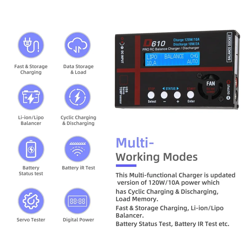 

D610 120W 10A Battery Balance Charger Discharger Smart Battery Charger For Lipo/Life/Lihv/Li-/Nicd/Nimh/2-20V PB