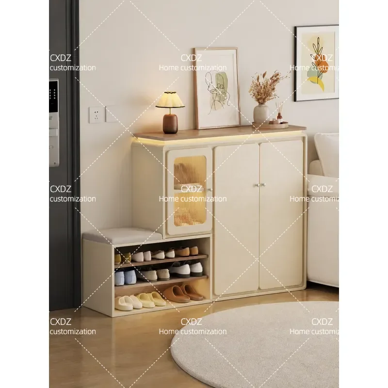 Solid Wood Corner Shoe Cabinet with Integrated Stool Entryway Shoe Changing Bench Storage Locker for Small Apartment Doorway