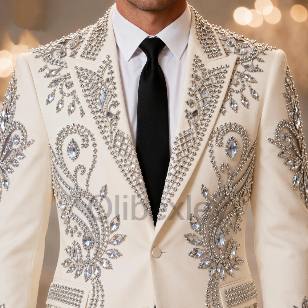 Olibexley Luxury Beige 2 Pieces Sets Men's Suits Diamond Crystal Beaded Single Breasted Groom Wedding Blazers Customized S276