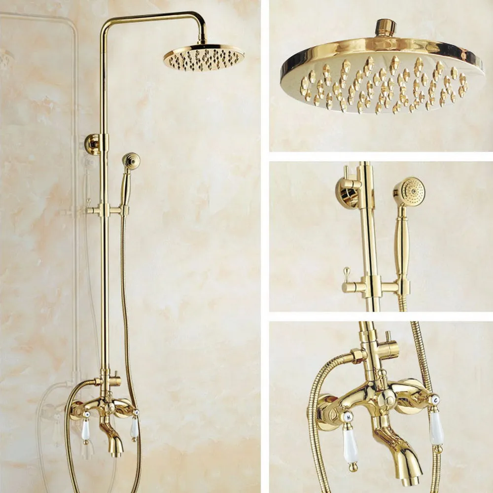 

Gold Color Brass Two Ceramic Handle Wall Mounted Bathroom Rain Shower Head Bath Tub Faucet Set Telephone Shape Hand Spray mgf422