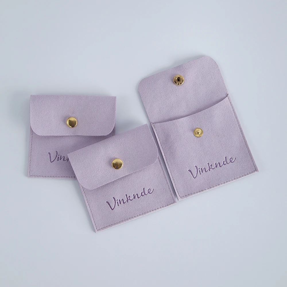 50-Pack Custom Printed Suede Envelope Purple Jewelry Pouch Cosmetic Loose Change Dice Packaging Wedding Gift Bag with Button