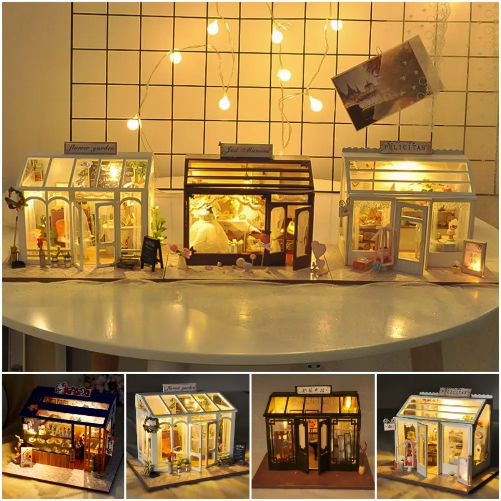 

Multicolor Handmade Assembly Shop Models Wood Cake Flower Shop Miniature House Japanese Sushi With Lights DIY Dollhouse Gift