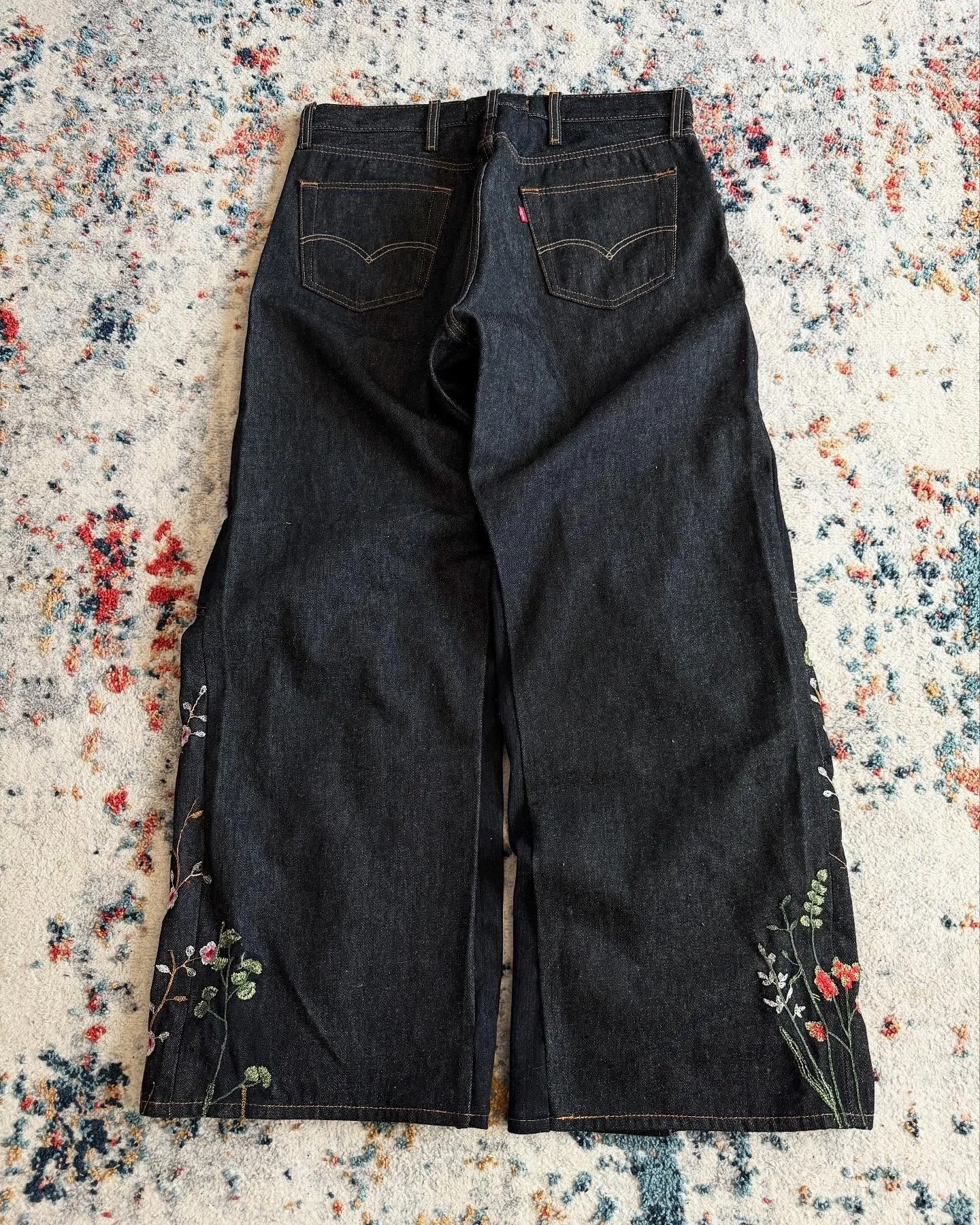 European and American Y2K loose and wide-leg patchwork design pants with floral embroidery floor-length pants trendy style Y2K