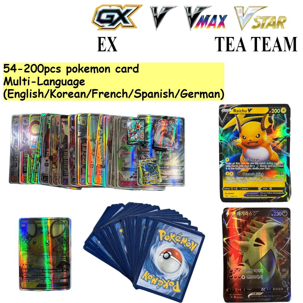 

54-200pcs Pokemon PTCG Cards Holographic Pikachu Anime Game Cards VMAX GX V English/Korean/French/Spanish/German Kids Gift Toy