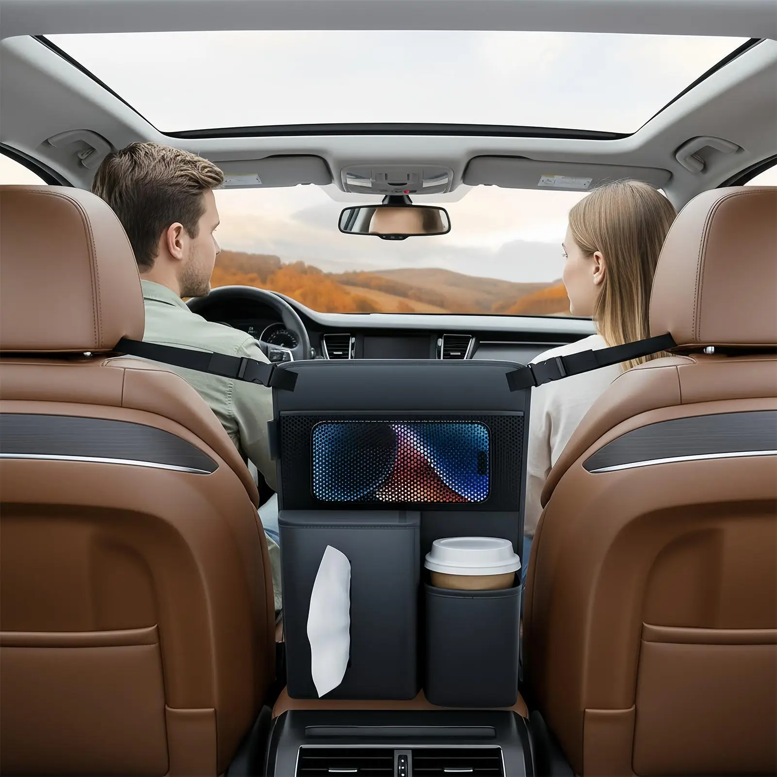 

Car Seat Organizer Multifunctional Leather Console Storage Holder Organizer Storage Between Front Seats for Phones Cards Water