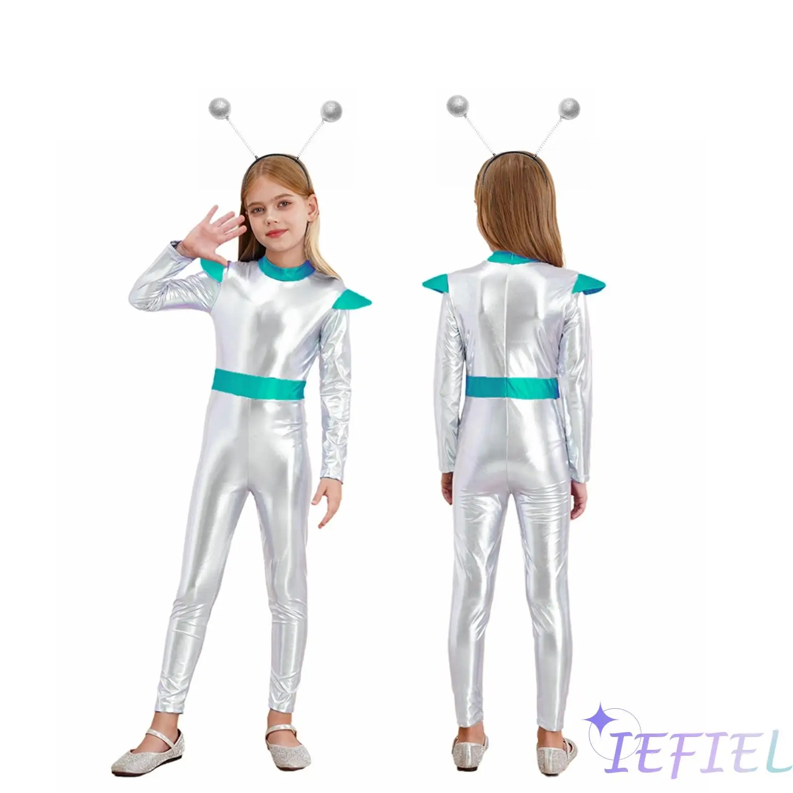 

Girls Boys 2Pcs Alien Cosplay Dress Up Party Costume Long Sleeve Full Length Bodysuit with Hair Hoop for Carnvial Rave Party