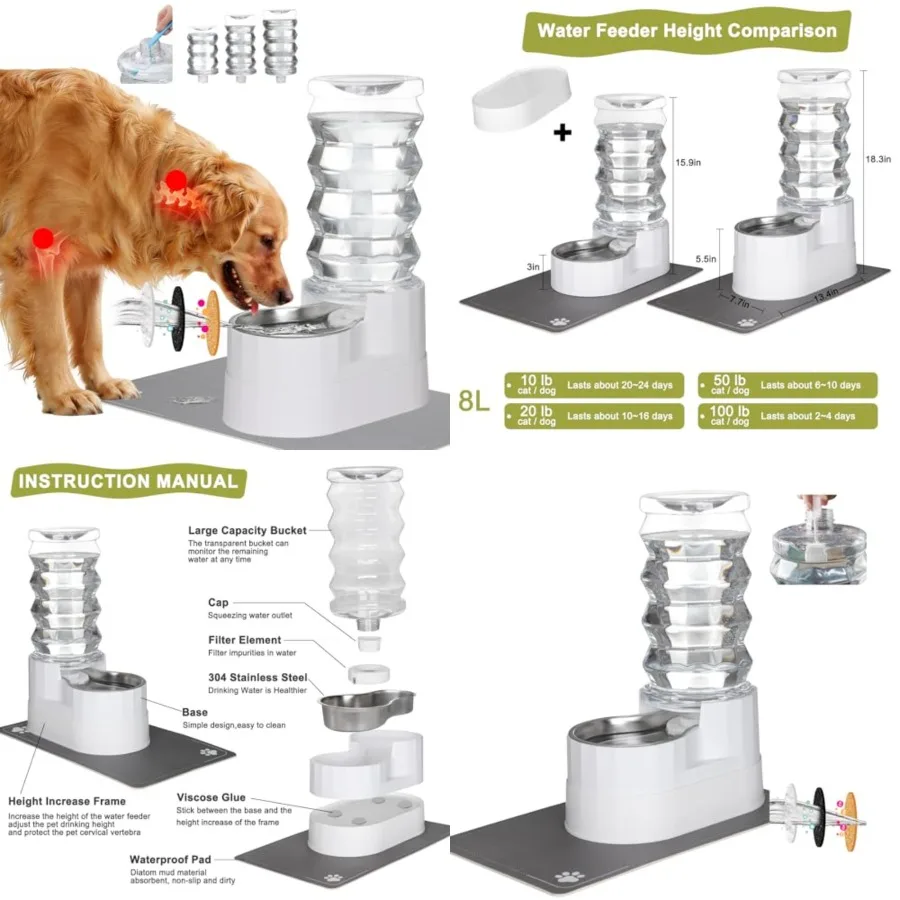 

Automatic Pet Waterer, Gravity Stainless Steel Water Dispenser, 100% BPA-Free, Large Capacity Water Feeder for Cats and Small a