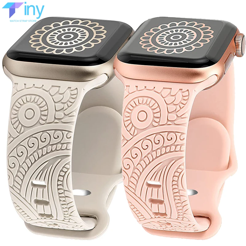 Engraved Band for Apple Watch 44MM 49mm 40mm 41/45mm 38/42mm Floral Silicone Sport Strap for IWatch Series Ultra 8 7 6 SE 5 4 3