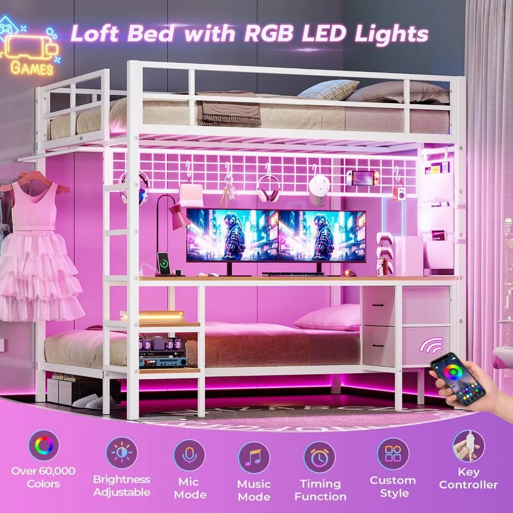 سرير بطابقين مزدوج الحجم بالكامل من DICTAC مع مكتب وأضواء LED وإطار سرير معدني علوي مع محطة شحن وأرفف تخزين وسحب
