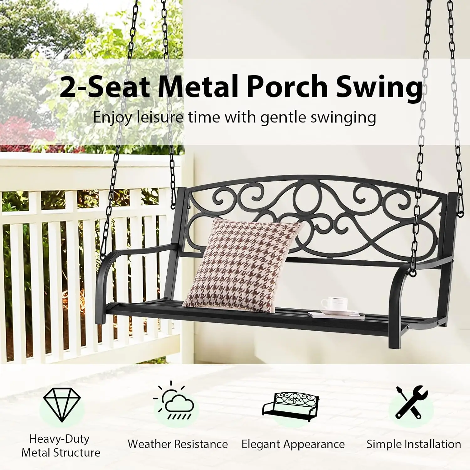 Giantex Metal Porch Swings 2 Person Outdoor Hanging Garden Bench With Sturdy Chains, Wide Seat & Curved Armrests, 485 Lbs