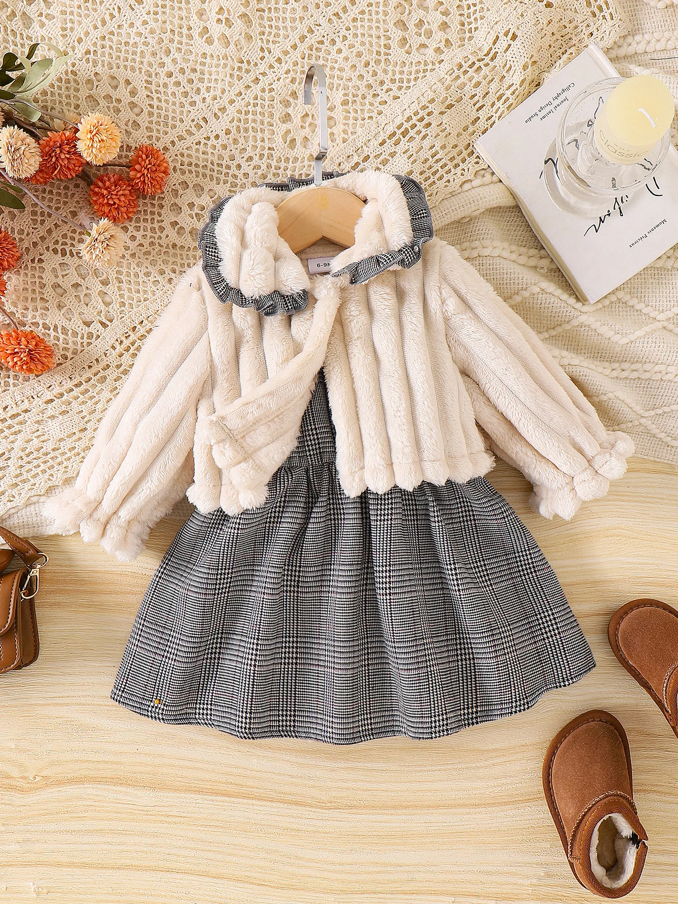 Winter cross-border new girl sweet and comfortable 1-3 years old white fluffy coat + dress