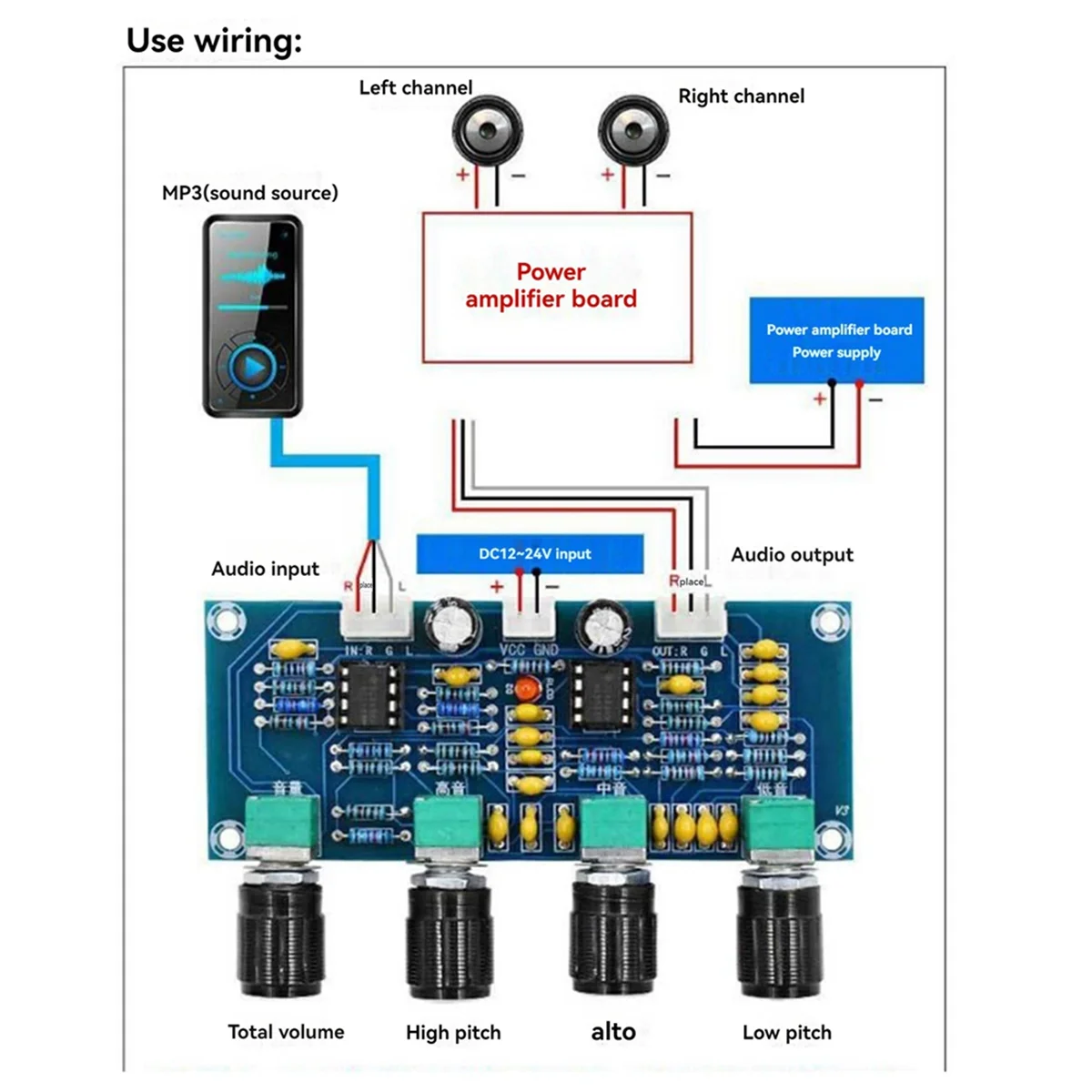A62T-XH-A901 Tone Board Preamp مع ثلاثة أضعاف، باس، تعديل مستوى الصوت، وحدة تحكم نغمة المضخم المسبق لألواح مكبر الصوت
