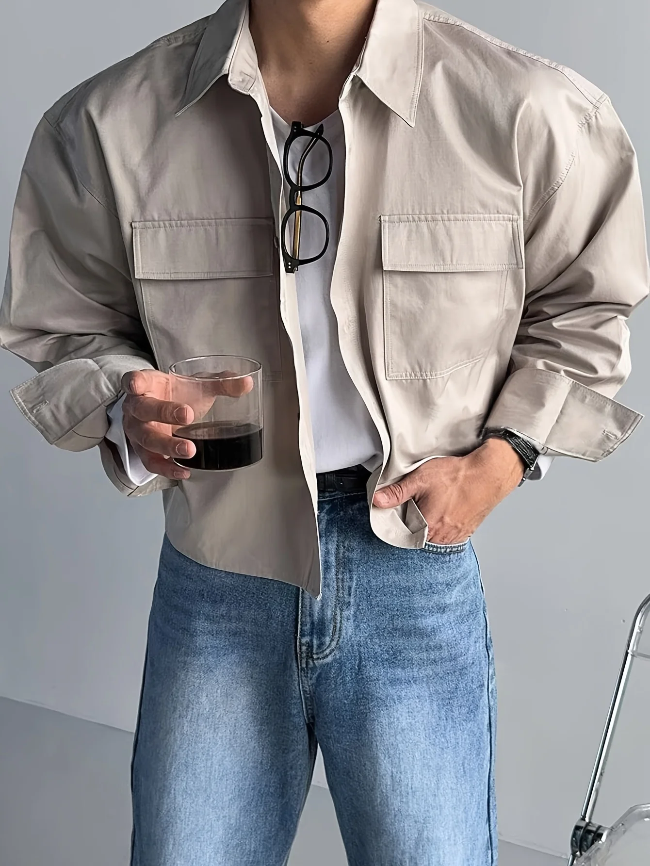 Men's Vintage Cropped Double Pocket Lapel Shirt Jacket Polyester S-2XL Long Sleeve Loose Casual Streetwear Fashion Outerwear