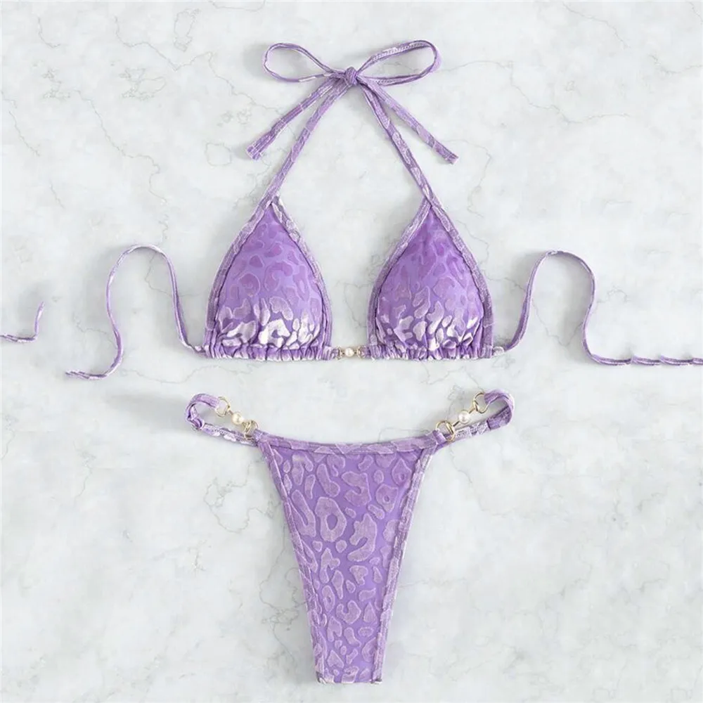 녹색 벨벳 레오파드 수영복 홀터넥 문자열 삼각형 비키니 미니 마이크로 끈 섹시한 수영복 여성 2025 수영복 비키니 세트