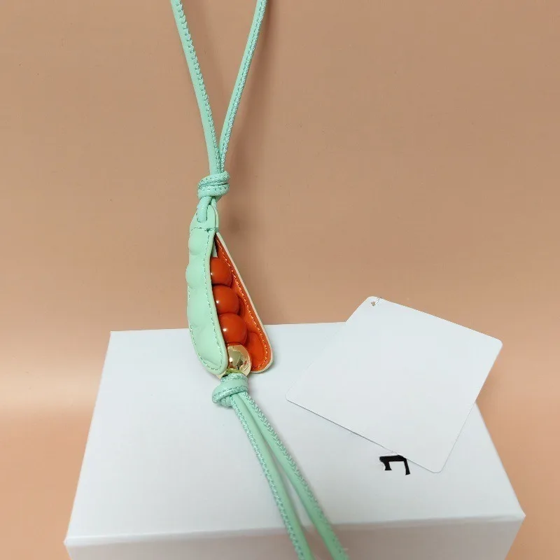 Green Blue Peapod Charm Genuine Leather Car Keychain Women's Bag Pendant Hanging Ornament Cute Gift Trendy