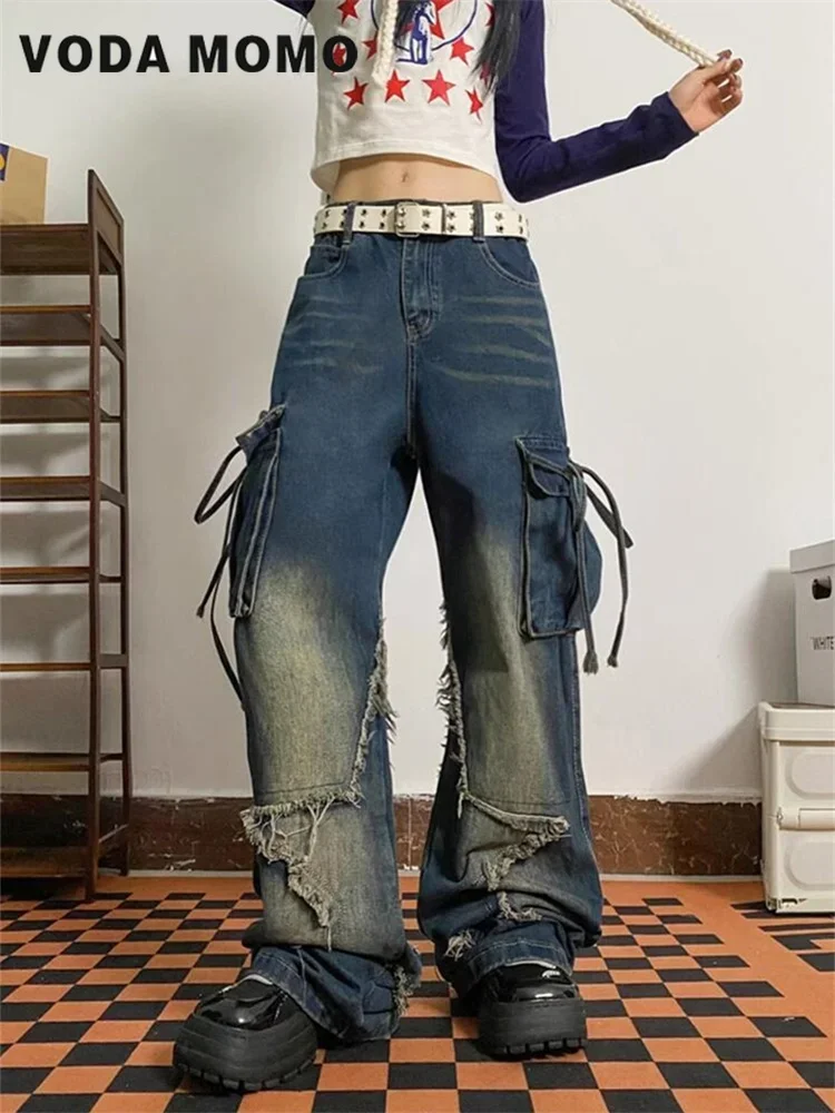 Jean cargo taille haute pour femme, jean baggy, sens du design vintage, esthétique Harajuku, vêtements en denim, fjY2k, 2024