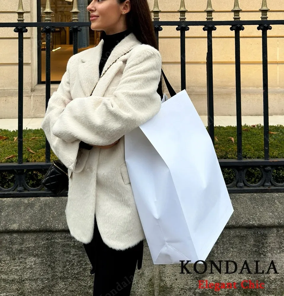 KONDALA レディース エレガント ファー風 ソフトブレザー ラペル フェイクファー ポケット付き 裏地付きブレザー 新作 2025 春秋冬 ファッション オフィスブレザー