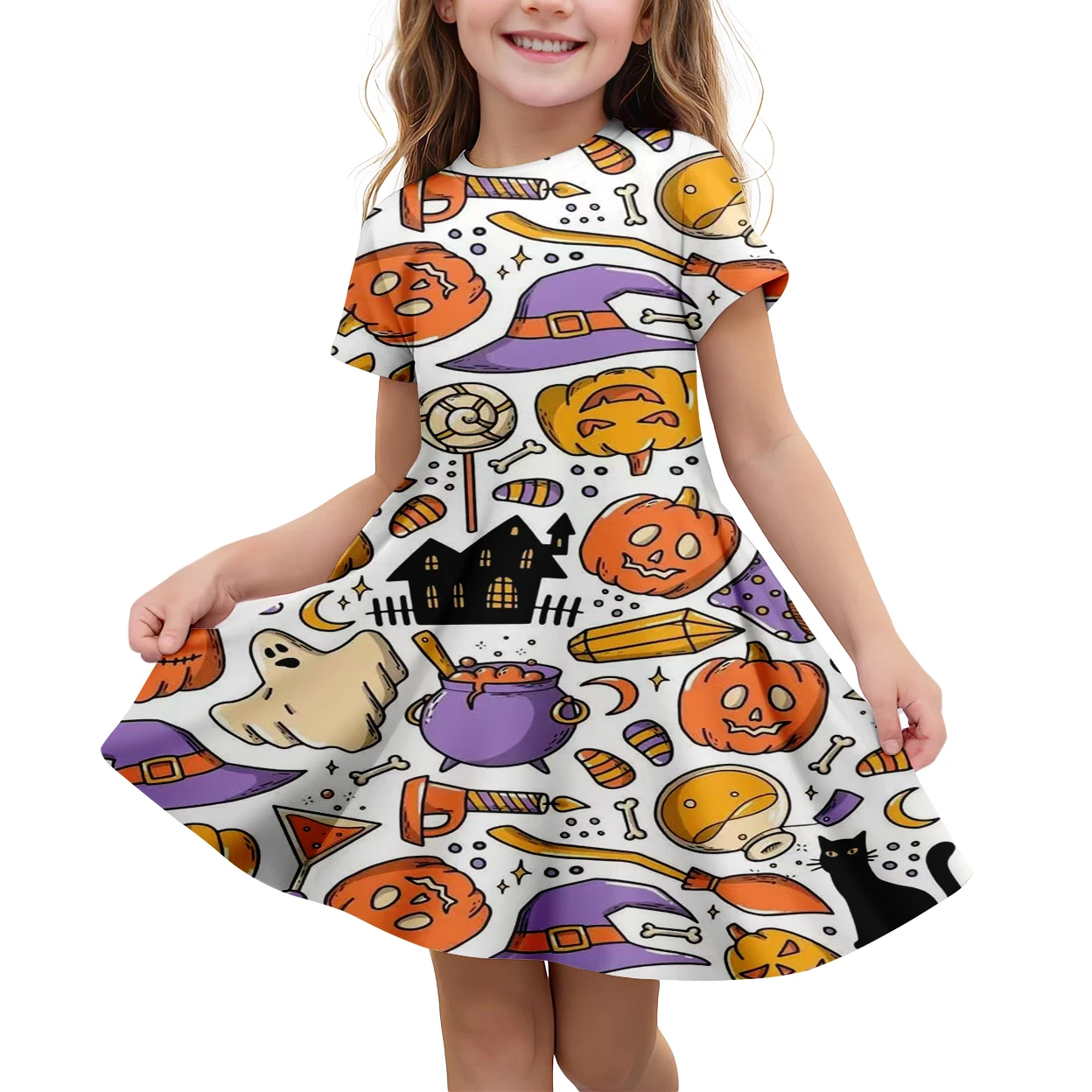 Europa e America Party Children Dresses Girls da 9 a 10 anni manica corta girocollo ragazza 12 14 arancione Halloween Cute Cat Dress