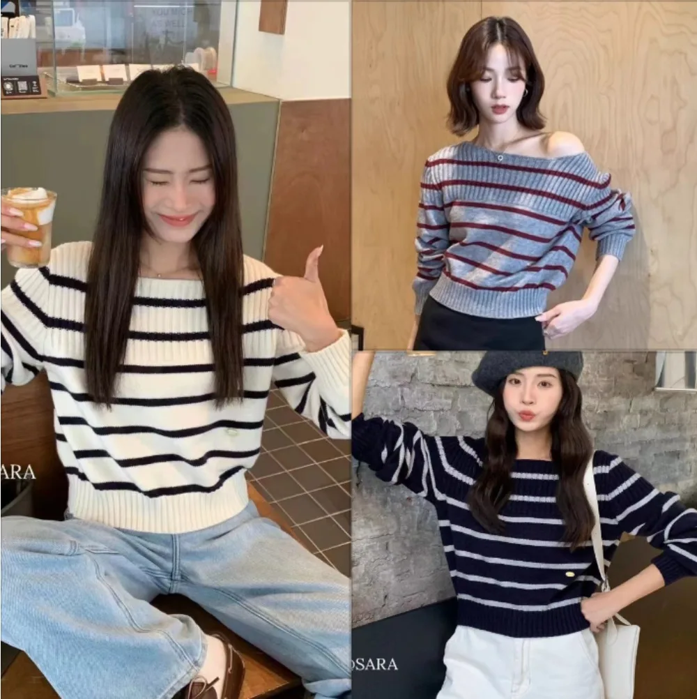 

Модный полосатый вязаный свитер с открытыми плечами для женщин, сексуальный облегающий повседневный джемпер-пуловер, базовый топ