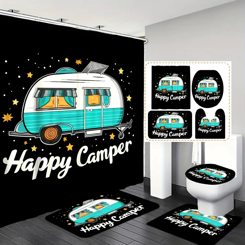 4pc Blue Camper Bus Starry Night Bathroom Set - Fade-Resistant Shower Curtain with Hooks & Non-Slip Rug
