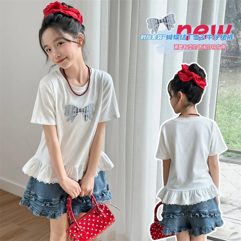 

High Quality Princess Outfit 2-Piece Set for Girls Sweet Bow Tee Top with Shorts Cute Spring Summer Daily Wear Ages 6-14Y Child