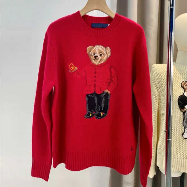 Autumn Winter Women's Camere Long Sve round Ne Knitted Sweater Embroidered Bear Design Chinese Knot Anti-Aging Top