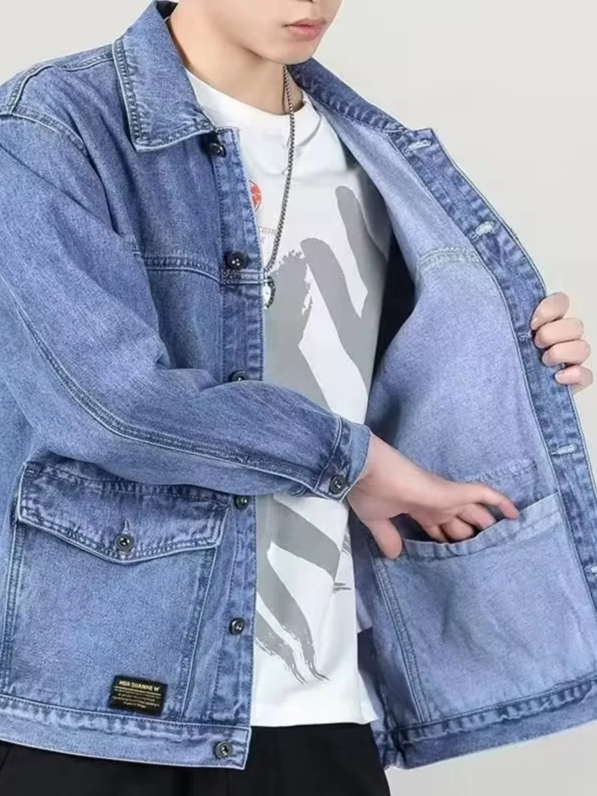 

Spring High-End Men's Denim Jaet Loose Multi-ket Trendy Versatile Haome Top Large Size Collar Casual Jaet