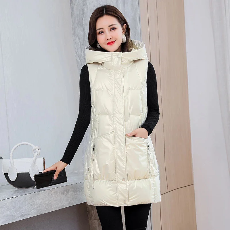 

2022 New Mid-length Bright Vests Women Hooded Thick Warm Cotton Padded Sleeveless Waistcoat Coat Female Jackets Parkas Vest