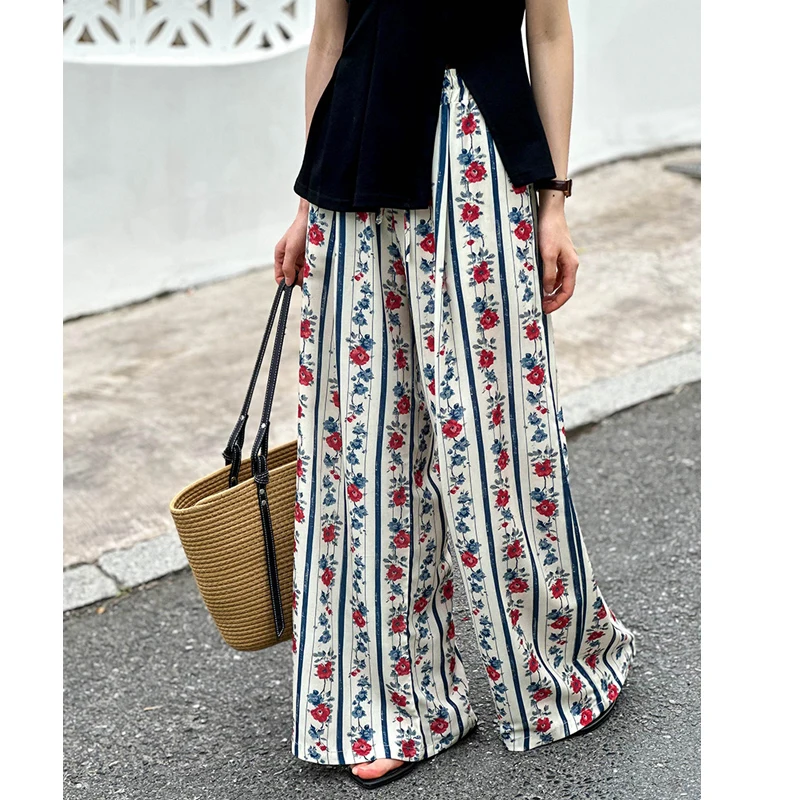 2024 Women Wide Leg Long Pants High Waist Stretch Floral Print Vintage Boho Pants Femme Faldas Jupe Saia Summer Clothes