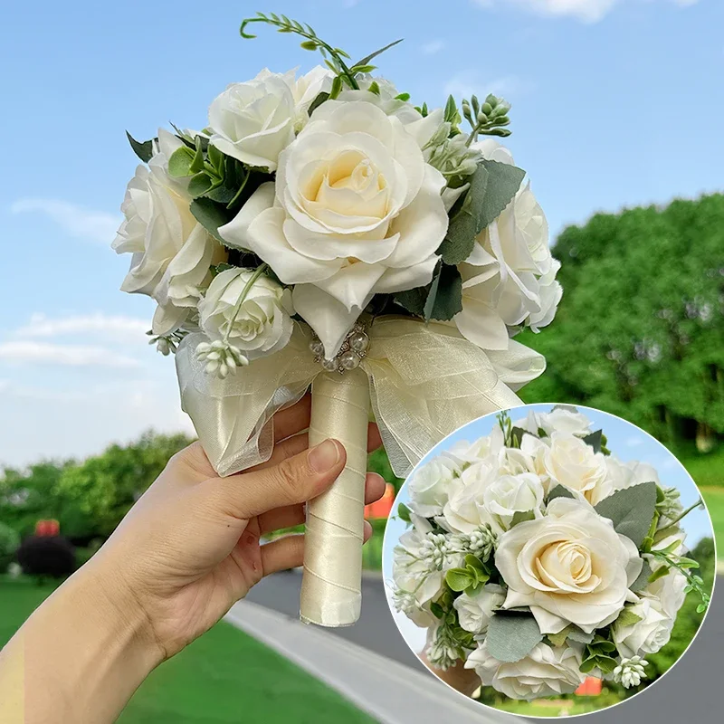 1PC Wedding Bride Holding Flower Artificial Size Rose Bouquet Wedding Photo Prop Lace Bow Pearl Bouquet Holiday Confession