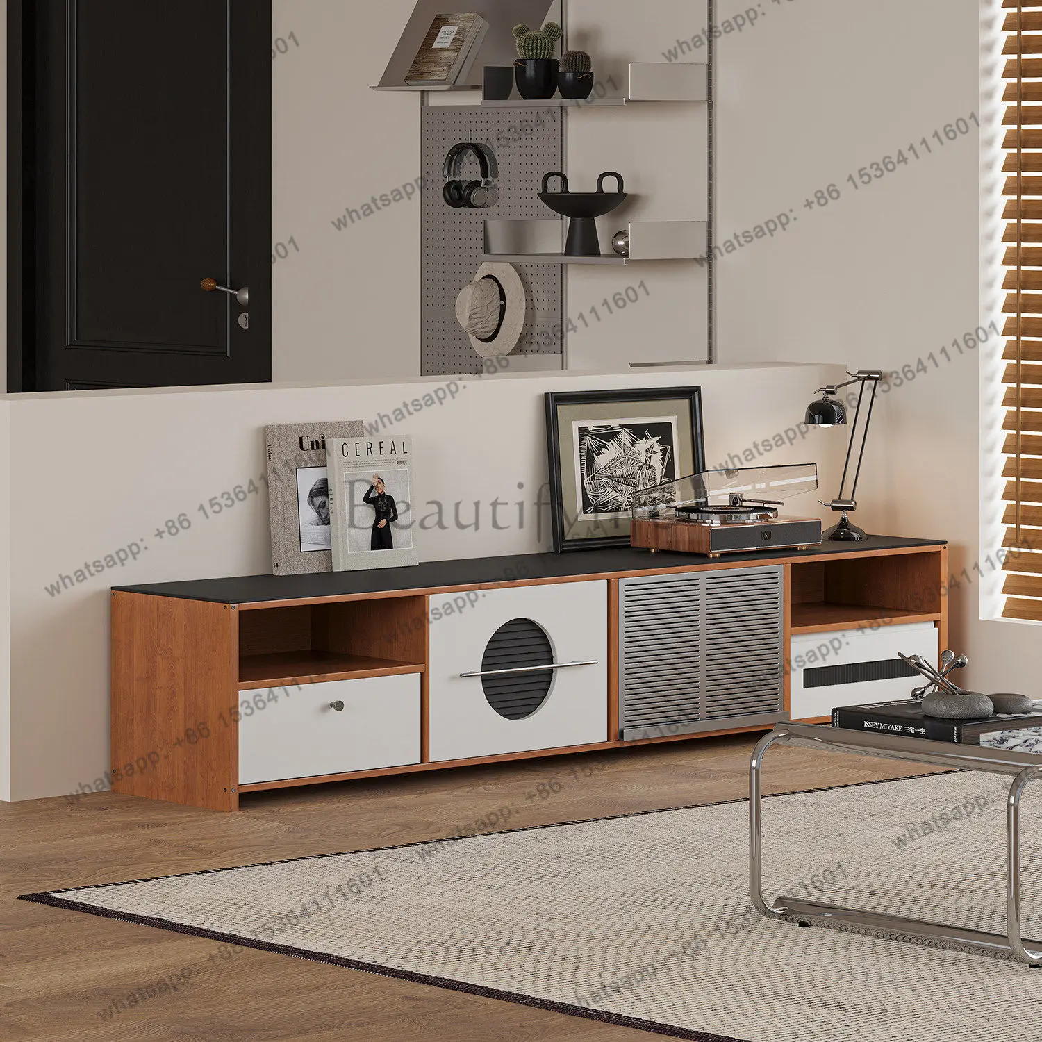 Retro solid wood TV cabinet, home living room wall storage storage cabinet texture