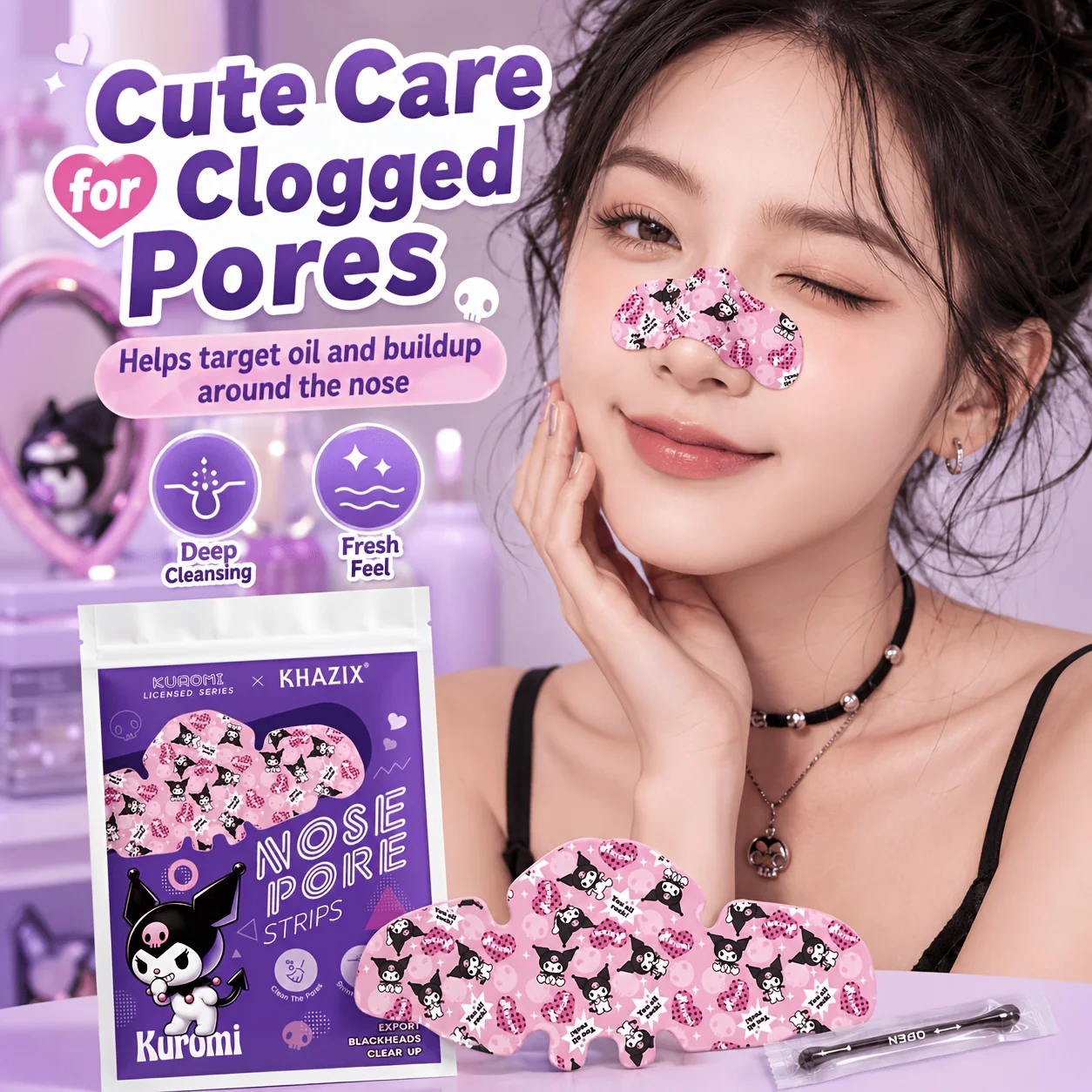 5PCS+5PCS/15PCS+10PCS Kuromi Purple Nasal Patch,deeply cleanses,smooths and tightens pores,gentle and non-irritating to the skin
