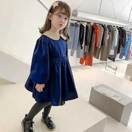 Girls Velvet Dress Fashionable Navy Blue Long Sleeved Hickened Gold Velvet Princess Dress Winter Doll Collar Girls Clothes