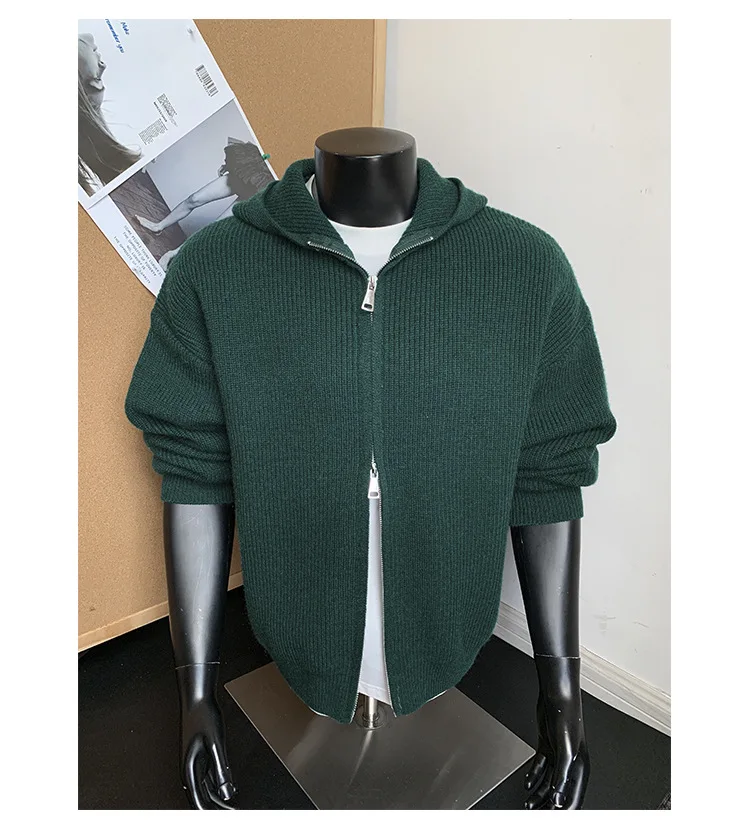 2026 New Autumn Winter Simple Solid Color Knitted Hoodie Men Japan Korean Fashion Casual Loose Double Zipper Hooded Jacket