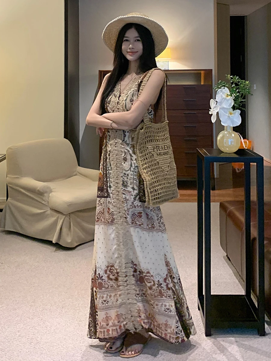 RORIRI خمر طباعة غرزة الخامس الرقبة تانك فستان طويل المرأة الصيف بلا أكمام فضفاضة عادية ألف خط قطعة واحدة بوهو عطلة الملابس