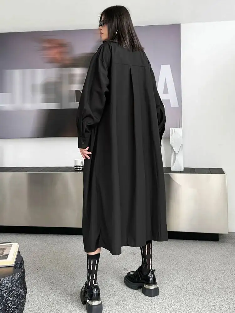 女性用黒プリーツイレギュラービッグサイズミディシャツワンピース新作ラペル長袖ファッション潮春秋